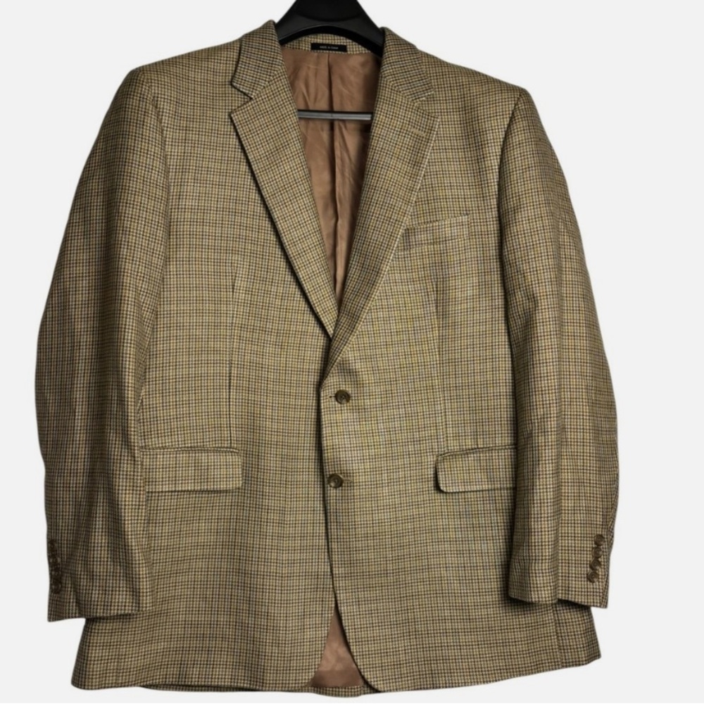 Chaps 100% Silk Blazer Men's 48L Tan Blue Brown Houndstooth Jacket Sport Coat